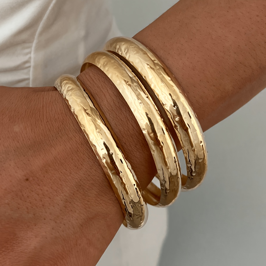 3pcs Retro Geometric Hammer Texture Bracelet Set, Minimalist Style